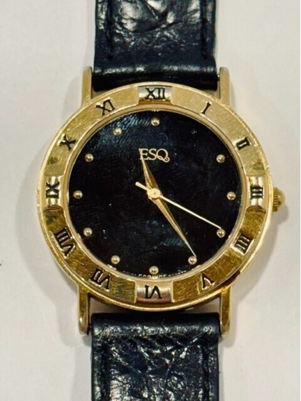 Vintage ESQ Movado Black Dial Gold Tone Swiss Quartz Dress Watch 300002 Leather - Picture 1 of 6